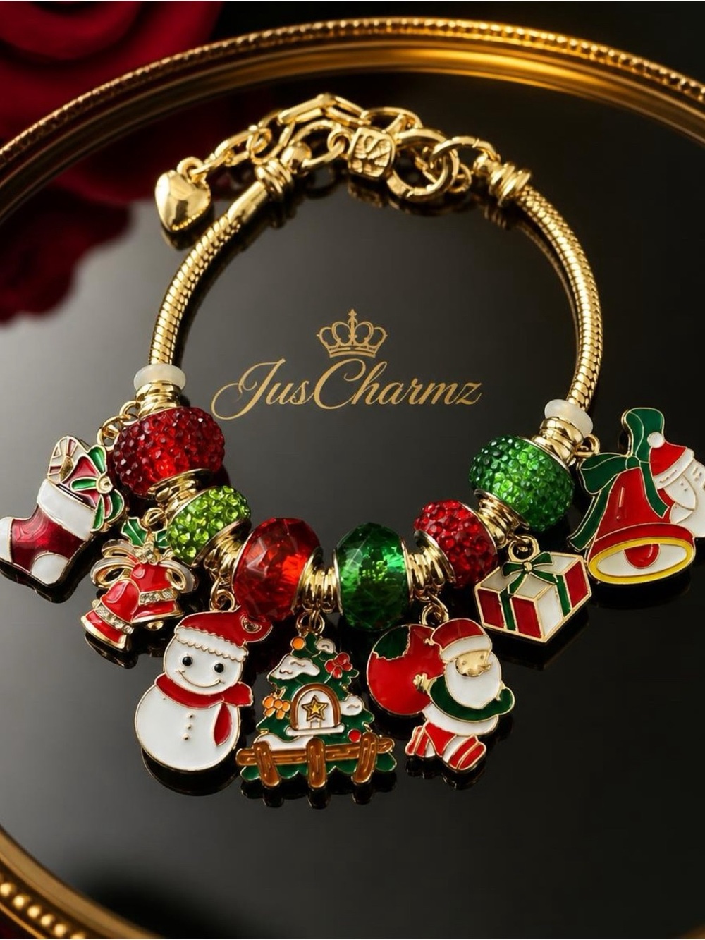 Gold Christmas Charm Bracelet with Red & Green Beads